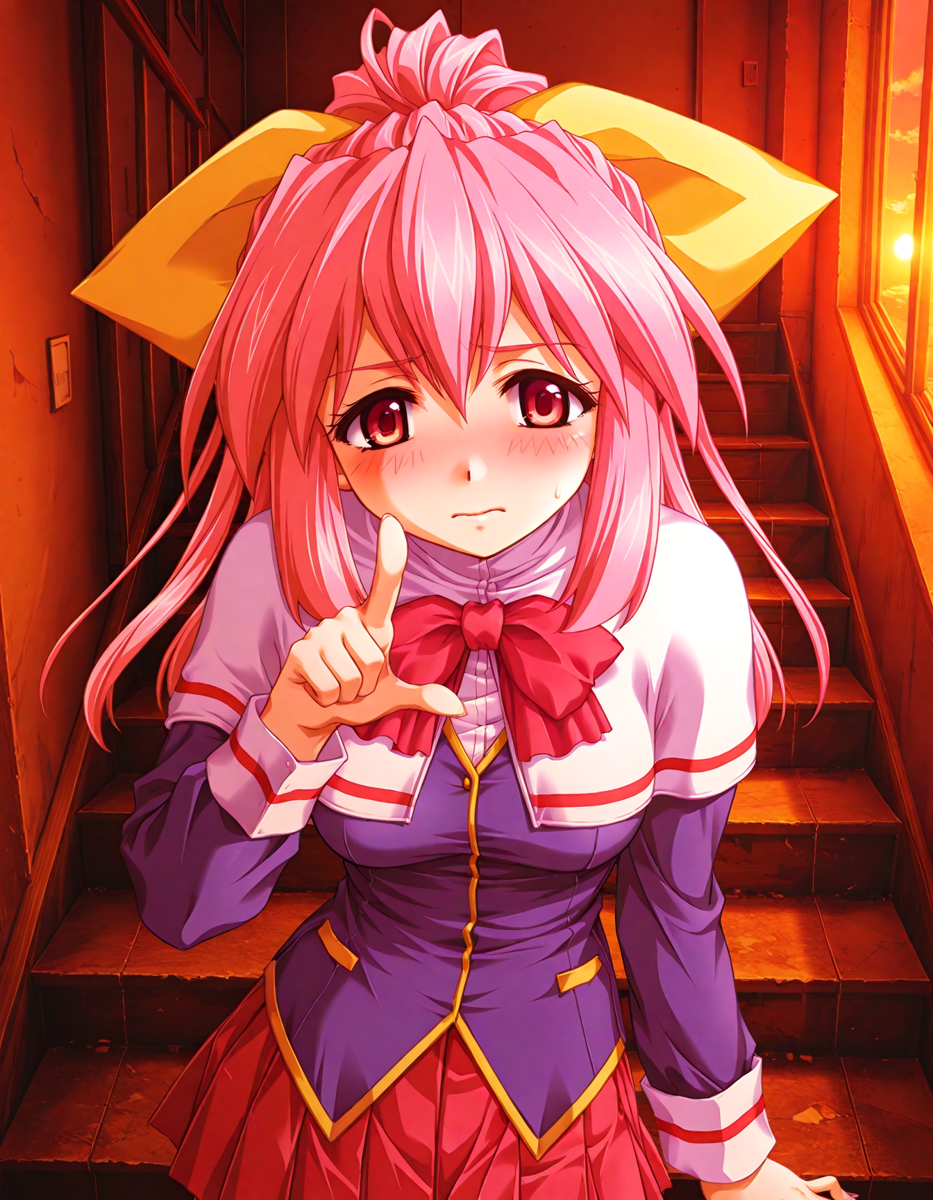 (1girl, solo:1.3), (2girls, 3girls, 4girls, multiple girls, 2boys, 3boys, 4boys, multiple boys:-1.5) <lora:Inuyama_Tsumugi_Dokusen_Illustrious:0.9>, inuyama_tsumugi, medium breasts, red eyes, pink eyes, pink hair, long hair, ponytail, hair bow, hair ribbon, yellow ribbon, school uniform, long sleeves, wrist cuffs, white capelet, capelet, red bowtie, bowtie, red skirt, pleated skirt, miniskirt embarrassed, (half-closed eyes:0.7), general, contrapposto, dynamic pose, pointing at viewer, upper body, straight-on, from above, , indoors, school, (stairs:1.1), down stairs, , <lora:NOOB_EPSv1_1_detailer_by_vlnvk_v1_0:1.5>, (photo background:0.7), evening, (tachibana yuu:0.6), inue shinsuke, (kazuma muramasa:0.0), saikawa yusa, (aoi manabu:0.6), abarerumidori, (suzui narumi:0.6), masterpiece, newest, absurdres, 8K, anime screenshot, anime coloring, flat color, official art, film grain, <lora:illustriousXLv01_stabilizer_v1.185c:0.7>, <lora:LECO_Solo:-4.0>,