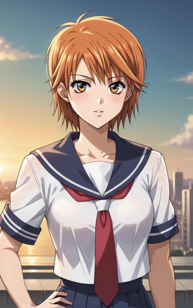 score_9, score_8_up, score_7_up, looking at viewer,  BREAK
SchoolUniform_KyokoMogami_ownwaifu, 
1girl, brown eyes, orange hair, short hair, eyelashes, collarbone, bangs, breasts, 
school uniform, serafuku, short sleeves, red necktie, sailor collar, white shirt, skirt, 
(contrapposto, hand on hip), sunset, sidelighting, cityscape, outdoors, <lora:PONYXL_SkipBeat_KyokoMogami_ownwaifu:1> , depth of field, solo,