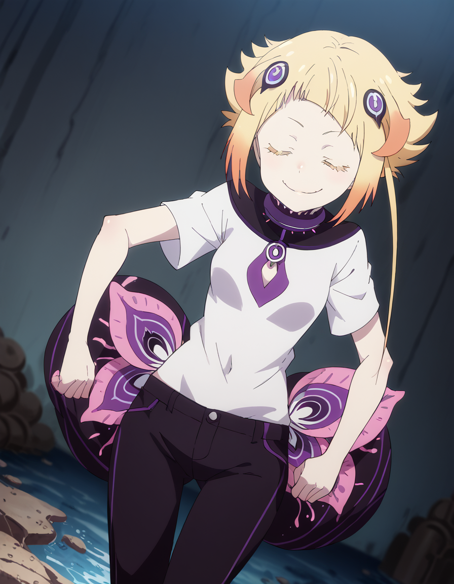 score_9, score_8_up, score_7_up, source_anime, <lora:capella-emerada-lugunica-s3-p1-ponyxl-lora-nochekaiser:1>, capella emerada lugunica, short hair, blonde hair, hair ornament, pink eyes, multicolored hair, gradient hair,, shirt, t-shirt, white shirt, pants, denim pants,, dam, water, concrete, structure, height, smile, <lora:zui-zui-dance-ponyxl-lora-nochekaiser:1>, zui zui dance, dancing, closed eyes,, looking at viewer, solo,, dutch angle, cowboy shot