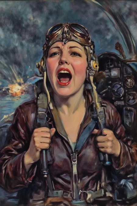 howardchandlerchristy1 illustration.
A female pilot screaming inside the cockpit of a World War II bomber. The pilot, wearing a vintage leather flight helmet with goggles and a bomber jacket, grips the controls with white-knuckled hands. Her face is contorted in a mix of fear and determination as she yells, her eyes wide with adrenaline. The cockpit is cramped and filled with old-fashioned dials and gauges, with the outside view showing dark stormy clouds and distant anti-aircraft fire. <lora:howardchandlerchristy1_d8a4e11:1.0><lora:865846381510662952:0>