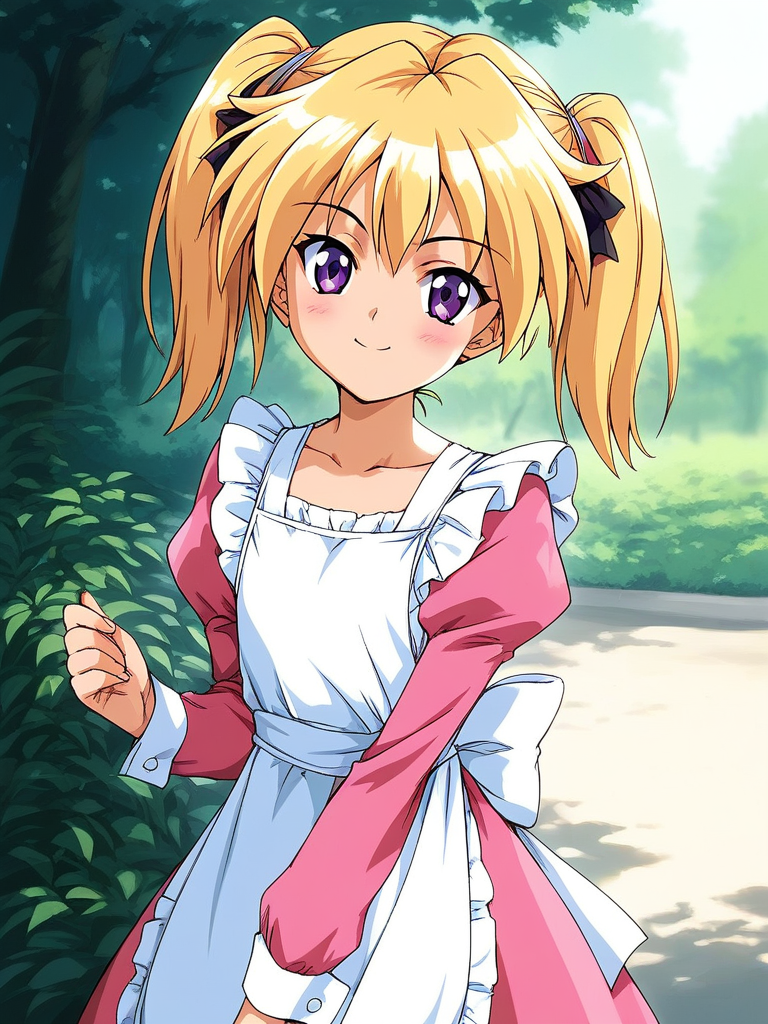 score_9, score_8_up, score_7_up, source_anime, rating_explicit, BREAK  <lora:Ijuin_Mei_XL:0.9> Ijuin_Mei, blonde hair,  purple eyes, medium hair,
twintails, solo,  long sleeves, looking at viewer, ribbon, pink dress, white apron, short stack, flat chest,
blush,  outdoor, day, light smile,
looking at viewer, 
cowboy_Shot,