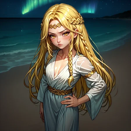 score_9,score_8_up,score_7_up,perfect anatomy,source_anime,zPDXL2,from above,<lora:miqeulla:1>,miquella,1boy,solo focus,solo,blonde hair,crown braid,multiple braids,yellow eyes,white robe,hair flowing over,gold armlet,circlet,long blonde eyelashes,
looking at viewer,blush,closed mouth, pout, pouty lips, crying, standing, hand on own hip,
standing, beach,ocean,night,night sky,star \(sky\),aurora,