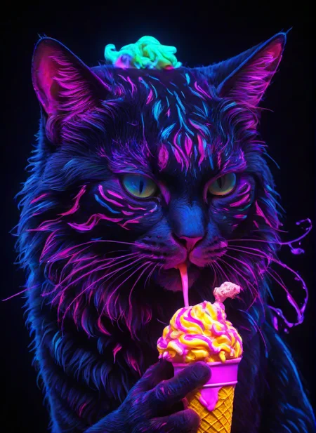 <lora:PE_NeonUV Style:0.8> PENeonUV, blacklight, neon,
beautiful cat eating ice cream, glowing,
masterpiece, high resolution, octance 4k, high detail,