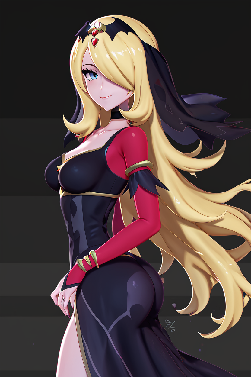 score_9, score_8_up, score_8, medium breasts, (curvy), cute, eyelashes,       BREAK, , ,,,  zzCynthiaRenegade, grey eyes, long hair, blonde hair, hair over one eye, hair ornament, official alternate costume,  black dress, black choker, veil, tiara, collarbone,  <lora:CynthiaRenegade_Pokemon_PDXL:1.0>,   ,,, , BREAK, smile, looking at viewer, cowboy shot, side view, ass,  ,,, embedding:zPDXL, Expressiveh, ,,, <lora:Zy0n7_PDXL:0.8>, <lora:SDXLFaeTastic2400:0.5>, <lora:Expressive_H-000001:0.4>,