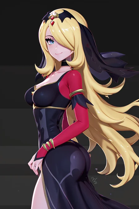 score_9, score_8_up, score_8, medium breasts, (curvy), cute, eyelashes, BREAK, , ,,, zzCynthiaRenegade, grey eyes, long hair, blonde hair, hair over one eye, hair ornament, official alternate costume, black dress, black choker, veil, tiara, collarbone, <lora:CynthiaRenegade_Pokemon_PDXL:1.0>, ,,, , BREAK, smile, looking at viewer, cowboy shot, side view, ass, ,,, embedding:zPDXL, Expressiveh, ,,, <lora:Zy0n7_PDXL:0.8>, <lora:SDXLFaeTastic2400:0.5>, <lora:Expressive_H-000001:0.4>,