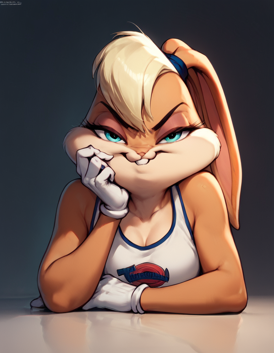 score_9, score_8_up, score_7_up, score_6_up, score_5_up, score_4_up, source_anime,  LolaBunny, portrait, head rest, smirk