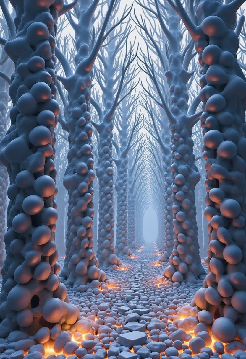 intricate yfg-patt3rn of, Generate a surreal landscape that combines the mystique of ancient forests with the precision of geometric shapes. The scene should feature towering trees with trunks made up of interconnected spheres, their branches stretching upwards like a latticework of interlocking circles. The air should be filled with an ethereal glow, as if the moon's gentle light had infused the atmosphere. The ground beneath should be covered in a soft, luminescent moss that glows with an otherworldly energy. Incorporate subtle patterns and textures that reflect the harmony and balance of geometric forms, inviting the viewer to explore this mystical realm.