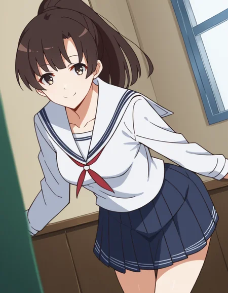 score_9, score_8_up, score_7_up, source_anime, <lora:megumi-katou-s2-ponyxl-lora-nochekaiser:1>, megumi katou, brown hair, brown eyes, medium breasts,, long hair, ponytail, miniskirt, school uniform, skirt, sailor uniform, serafuku,, indoors, bent over, smile, smug, looking at viewer, solo,, cowboy shot, dutch angle