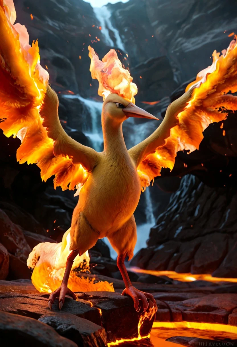 score_9, score_8_up, score_7_up, score_6_up, score_5_up, score_4_up, BREAK, solo, moltres, pokemon (creature), furry, avian, bird, detailed feathers, realistic feathers, orange feathers, beak, wings, flaming wings, realistic fire, red flames, fire, lava volcano background, realistic