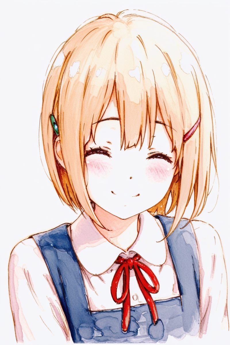 masterpiece, best quality, amazing quality,
 <lora:Bbmasa_IL:1> bbmasa, 1girl, solo, closed eyes, smile, short hair, hair ornament, blonde hair, hairclip, blush, school uniform, traditional media, simple background, ^ ^, white background, upper body, sketch, pencil drawing, watercolor (medium), painting (medium)