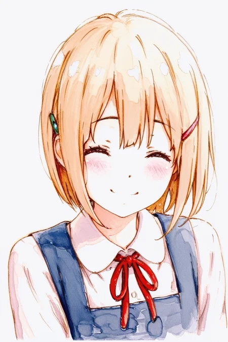 masterpiece, best quality, amazing quality,
 <lora:Bbmasa_IL:1> bbmasa, 1girl, solo, closed eyes, smile, short hair, hair ornament, blonde hair, hairclip, blush, school uniform, traditional media, simple background, ^ ^, white background, upper body, sketch, pencil drawing, watercolor (medium), painting (medium)