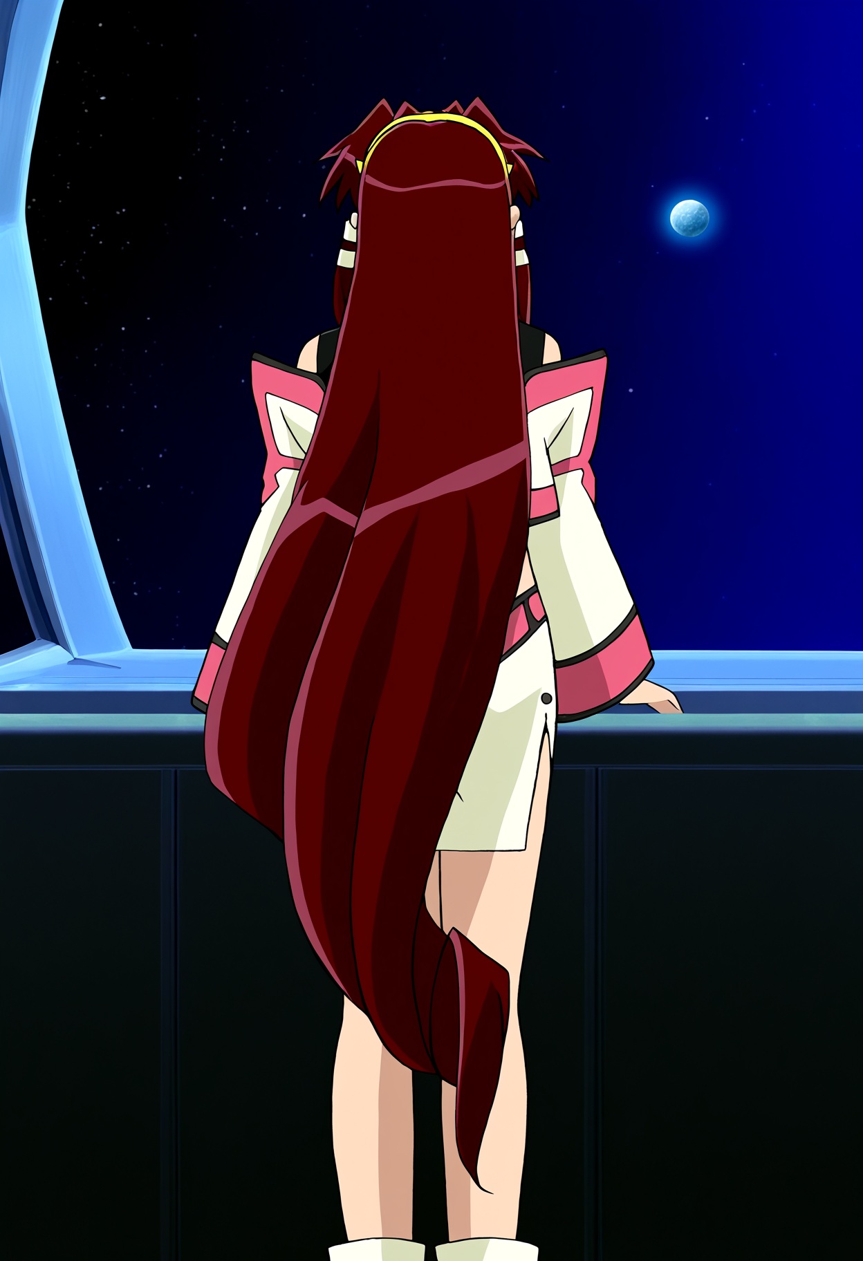 high quality, newest, highres, 1girl, dita leibely, solo,facing away,pendant, red hair, long hair, very long hair, hair tubes, hairband,  crop top, cropped jacket, bare shoulders, indoors, space, long sleeves, pencil skirt, side slit, boots,