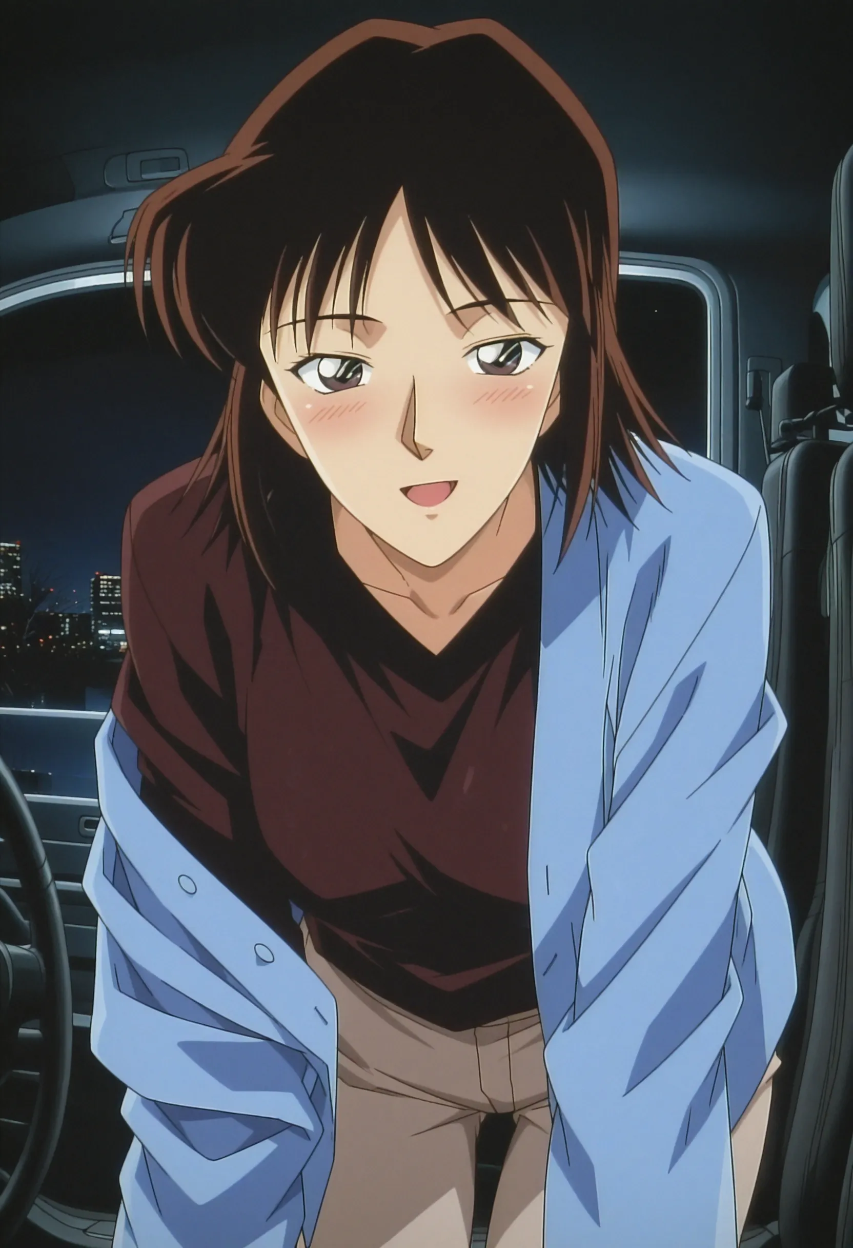 1girl,solo,masterpiece,best quality,1990s \(style\),anime screenshot, retro artstyle,
<lora:shimamura_sachiko_conan_v1_IL:0.8>,shimamura sachiko,mature female,parted bangs,black hair,brown hair,medium hair,long sleeves,aqua hanten \(clothes\), dark purple shirt,light grey pants,
smile,looking at viewer,night, darkness,(car interior), sitting,all fours,open mouth, upper body, blush,removing jacket,half-closed eyes, undressing,<lora:dmd2_sdxl_4step:1>