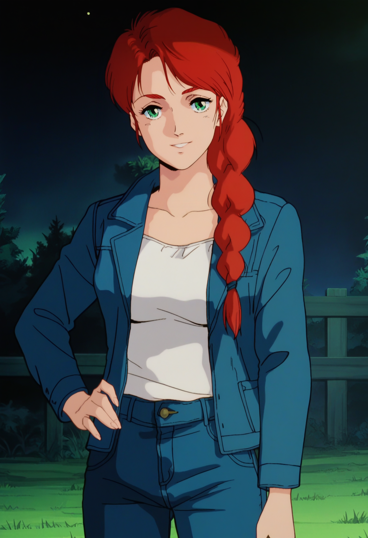 score_9, score_8_up, score_7_up, score_6_up, anime screencap, anime coloring, <lora:G0080CM_epoch_10:0.9>, G0080CM, red hair, green eyes, braided ponytail, hair over shoulder, breasts, 
blue jacket, white shirt, denim, jeans,
looking at viewer, light smile, cowboy shot, hand on own hip, 
BREAK outdoors, night, grass,