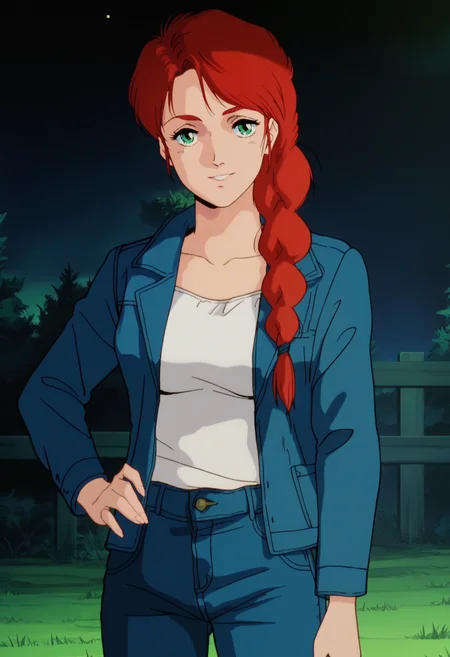 score_9, score_8_up, score_7_up, score_6_up, anime screencap, anime coloring, <lora:G0080CM_epoch_10:0.9>, G0080CM, red hair, green eyes, braided ponytail, hair over shoulder, breasts, 
blue jacket, white shirt, denim, jeans,
looking at viewer, light smile, cowboy shot, hand on own hip, 
BREAK outdoors, night, grass,