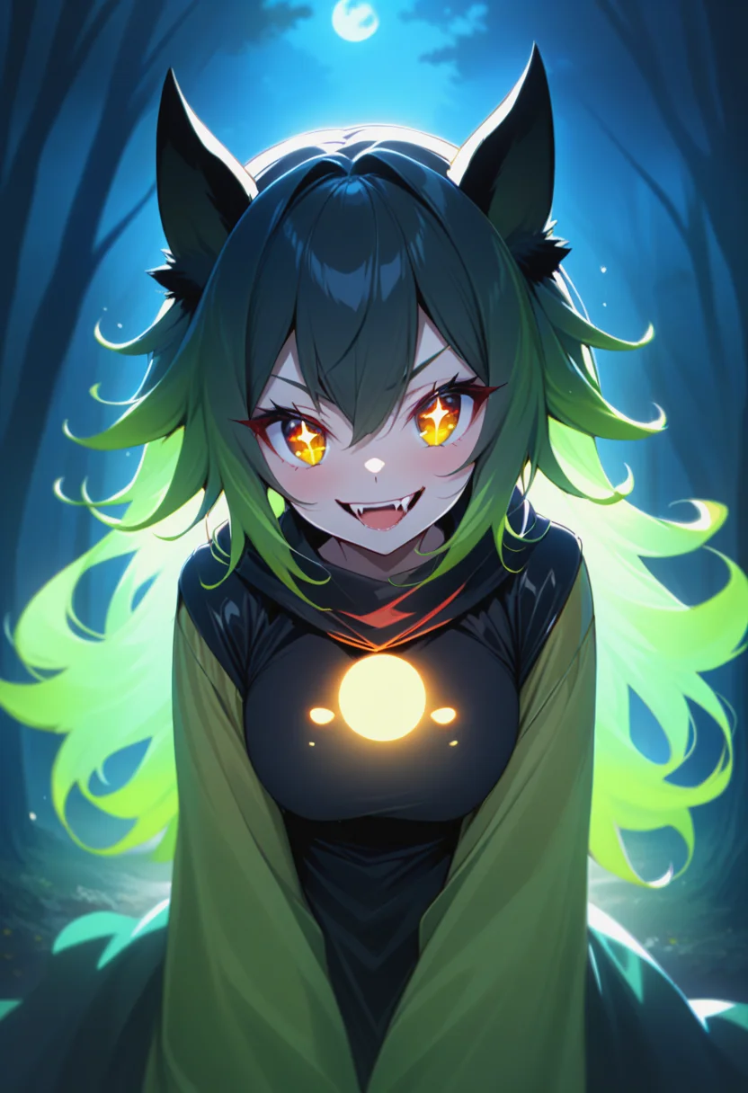 monster_girl,slime,solo,shiny_skin,sparkling eyes,fangs,evil smile,<lora:anime enhancer V3 xl:1>,volumetric,light,shadow,deep shadow,extremely detailed,full_moon,Dreamy forest,night_sky,