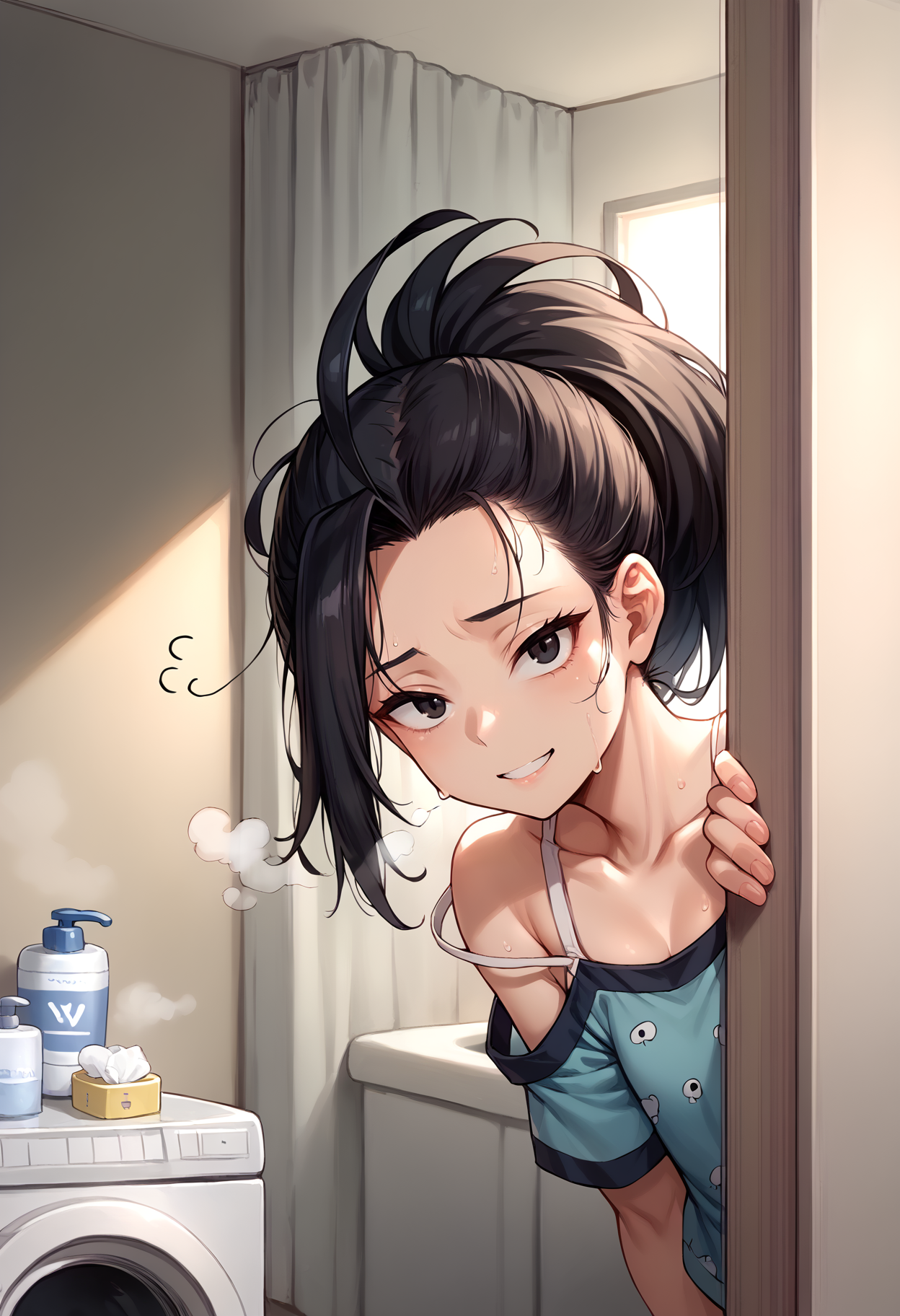 score_9, score_8_up, score_7_up, source_anime, 1girl, solo, looking at viewer, ya0yorozudef, high ponytail, wide ponytail, black hair, pajamas, camisole, bare shoulders, morning hair, sleepy, ahoge, messy hair, indoors, bathroom, tiles, (steam:1.4), sweat, peeking out, upper body, washing machine, hiding behind door, black eyes, smile, parted lips
