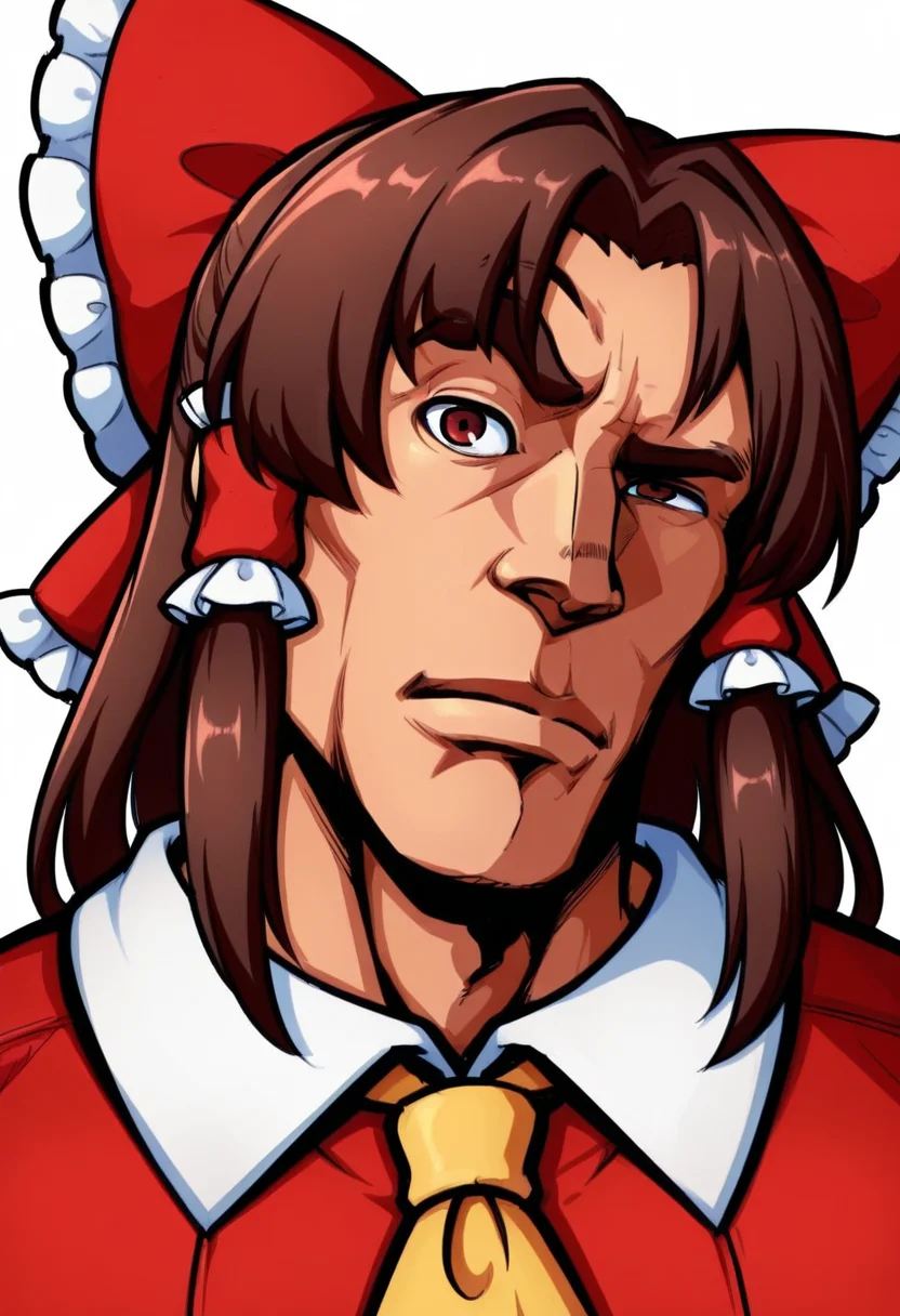 masterpiece, high quality, r0ckbr0w, looking at viewer, raised eyebrow, closed mouth, 1boy, solo, male focus, upper body, head tilt, manly, thick eyebrows, reimu hakurei, dress,