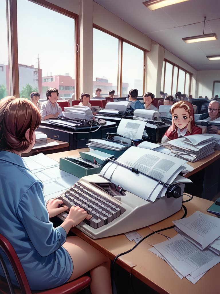 score_9, score_8_up, score_7_up, source_anime, BREAK

a busy and Crowded office building of a newspaper in the 1950s,

Young reporters throughout the office,

electric typewriter, (typing:1.2), cable, papers, Crossed Legs, desks, people, phone calls, corded phones, indoors.