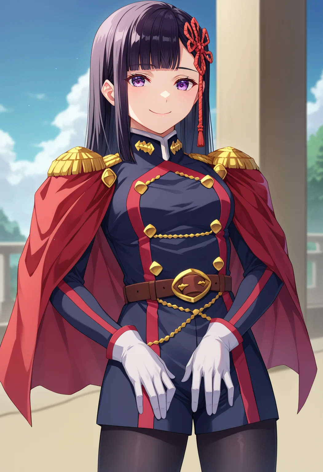 score_9, score_8_up, score_7_up, source_anime,
BREAK
1girl, solo,
<lora:shiRenYamishiroAnimeV1:1>,
shirenyamashiro, long hair, black hair, purple eyes, blunt bangs,
military uniform, white gloves, red cape, belt, epaulettes,
black pantyhose,
looking at viewer, smile, closed mouth,