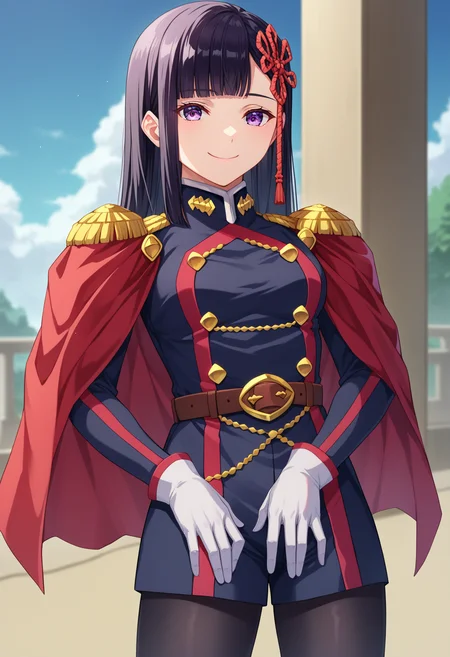 score_9, score_8_up, score_7_up, source_anime,
BREAK
1girl, solo,
<lora:shiRenYamishiroAnimeV1:1>,
shirenyamashiro, long hair, black hair, purple eyes, blunt bangs,
military uniform, white gloves, red cape, belt, epaulettes,
black pantyhose,
looking at viewer, smile, closed mouth,