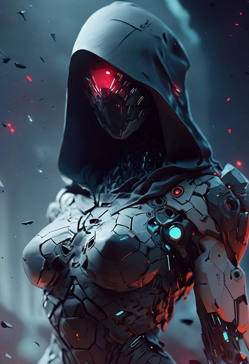 score_9, score_8_up, score_7_up, mcnm,
hooded face, a mask
a woman standing amidst a crumbling city,
(large breasts, fit, beautiful, futuristic, cyborg),