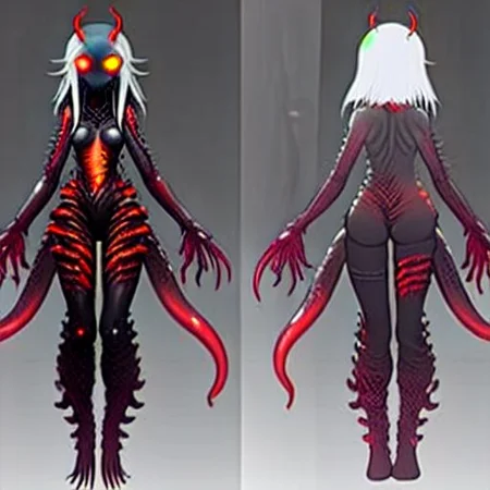 horror, blood, alien female, body horror, body modification , tentacles hair monster, monster girl,horror \(alien\), extra eyes, glowing,darkness, small boobs, thighs, red eyes, bigbadejo alien_monster, simple background, chara-sheet, model sheet