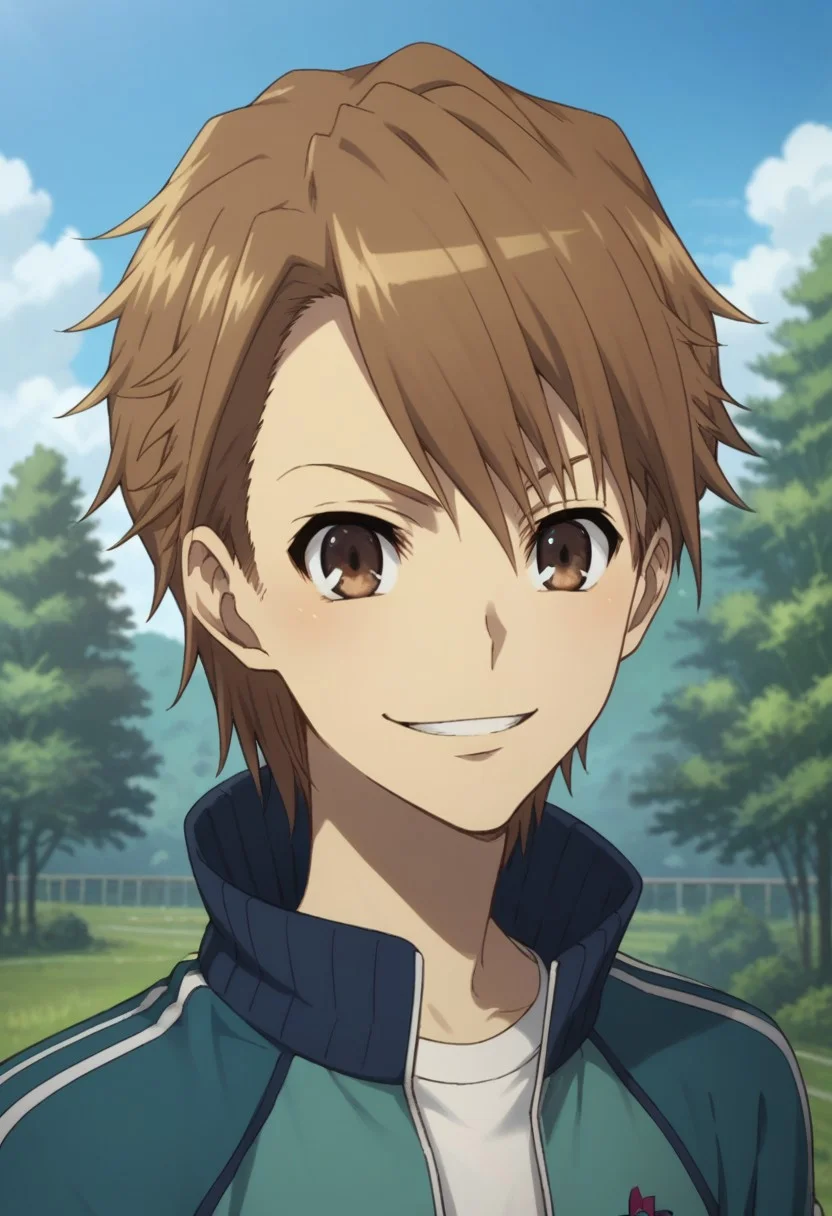 score_9, score_8_up, score_7_up, source_anime, highly detailed,
naoya, 1boy, brown hair, short hair, male focus, brown eyes, smile, jacket, smile, track jacket, pants, upper body
outdoor, sky, tree