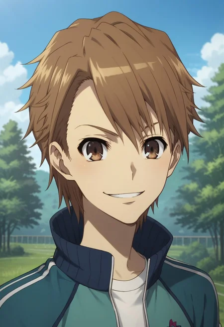 score_9, score_8_up, score_7_up, source_anime, highly detailed,
naoya, 1boy, brown hair, short hair, male focus, brown eyes, smile, jacket, smile, track jacket, pants, upper body
outdoor, sky, tree