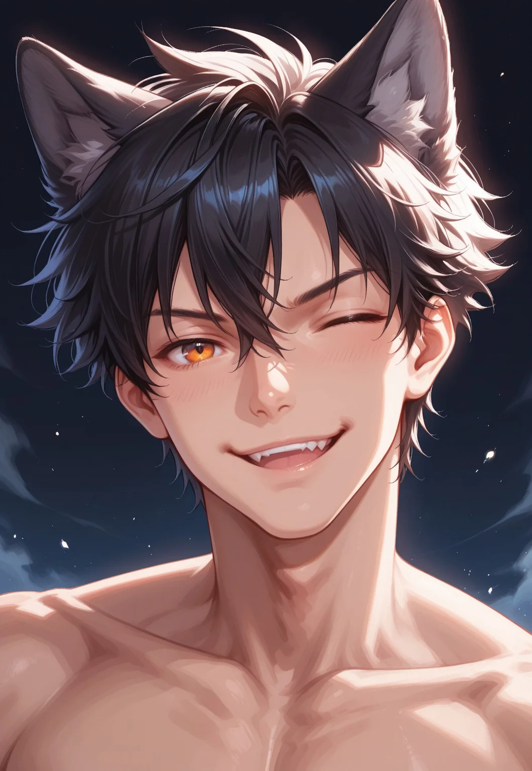 masterpiece, amazing quality, very aesthetic, absurdres, extremely detailed, newest, source_anime, (high quality:1.2), (best quality:1.2), 1boy, solo, Ak3ru, kemonomimi, wolf boy, black hair, amber eyes, portrait, shirtless, wink, one eye closed, smirk, goofy, mischief, upper teeth, rating:safe, sfw