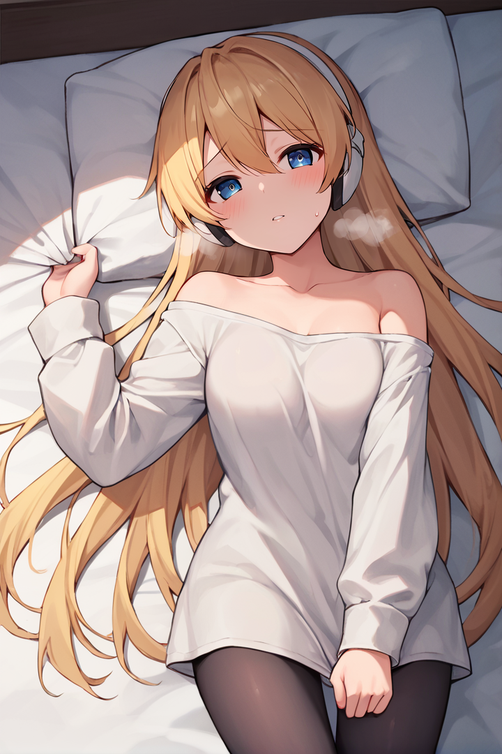 source_anime, score_9, score_8_up, score_7_up, cielbase, solo, headgear, blonde hair, very long hair, blue eyes, thighs, off-shoulder,
BREAK bed, shy, on back, oversized shirt, blush, heavy breathing, pose, parted lips, looking at viewer, grabbing sheets, black pantyhose
<lora:ciel-step00000800:1>