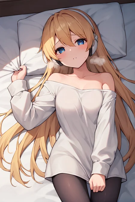 source_anime, score_9, score_8_up, score_7_up, cielbase, solo, headgear, blonde hair, very long hair, blue eyes, thighs, off-shoulder,
BREAK bed, shy, on back, oversized shirt, blush, heavy breathing, pose, parted lips, looking at viewer, grabbing sheets, black pantyhose
<lora:ciel-step00000800:1>