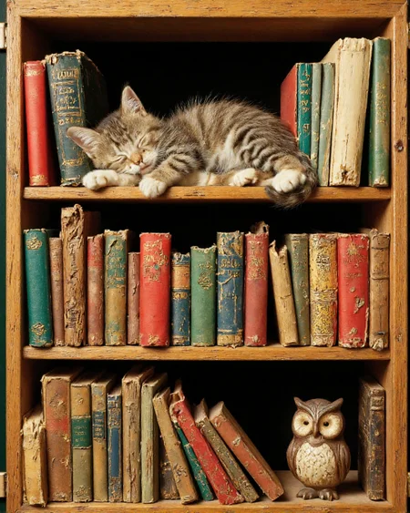 highly detailed, digitally created artwork that portrays a serene scene of a sleeping tabby kitten nestled among a collection of well-worn, colorful books. The kitten, with its eyes closed and a peaceful expression, is lying on its side with its paws stretched out. It is perched on the top shelf of a wooden bookcase filled with various books, each with unique covers and titles. The books are arranged in no particular order, and their spines are adorned with intricate designs and colorful illustrations.
The books range in color from vibrant reds and greens to earthy browns and blues, contributing to a rich and varied palette. The textures of the books are meticulously detailed, showing wear and tear, with some books having frayed edges and others with slightly cracked spines. The background of the bookcase is a dark, almost black color, which contrasts sharply with the bright colors of the books and the kitten.
On the bottom shelf, to the right, there is an owl figurine with a weathered appearance, adding to the vintage feel of the scene. The overall style is reminiscent of vintage children's illustrations, with a focus on texture and detail, creating a warm and cozy atmosphere. , aidmaimageupgrader, aidmaMJ6.1
