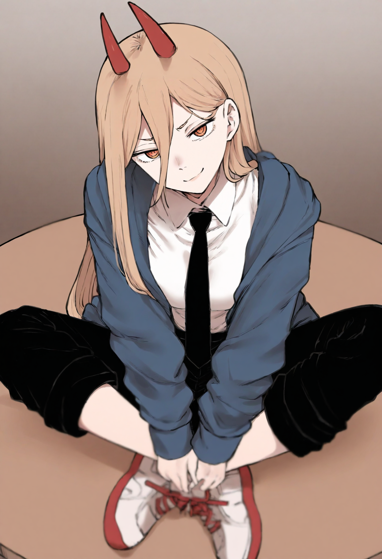 1girl,solo,(power \(chainsaw man\):0.8),<lora:terasu style locon V pred Ver:1>,terasu style,white shirt,black necktie,black pants,blue jacket,pants rolled up,sneakers,head tilt,smug,looking at viewer,indian style,on table,masterpiece,best quality,(newest:1.1),highres,depth of field,