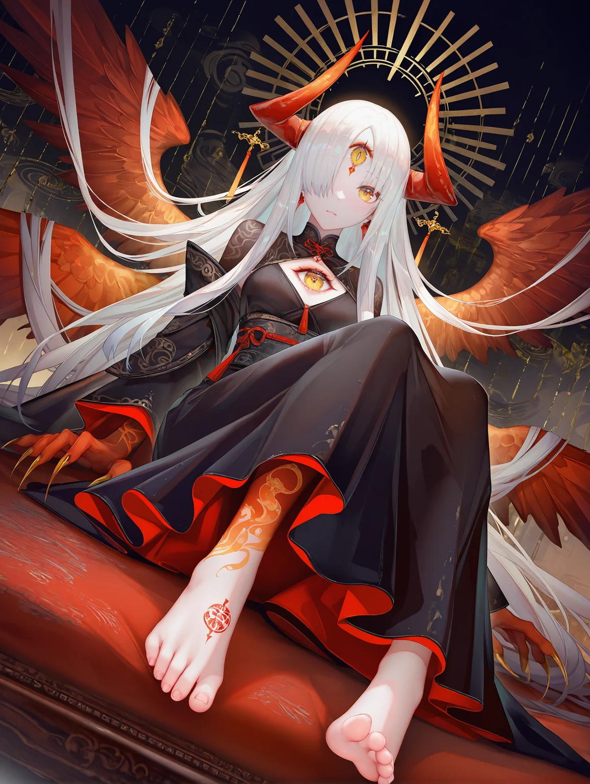 rei_(sanbonzakura),(wlop:0.25),Torino aqua,(tomozero:0.9),binggong asylum,ask_(askzy), 1girl,solo, dutch angle,foot focus, long hair, horns, yellow eyes, white hair, wings, claws, looking at viewer, very long hair, one eye covered, tattoo, third eye, halo, abstract background,
,masterpiece,best quality,amazing quality,