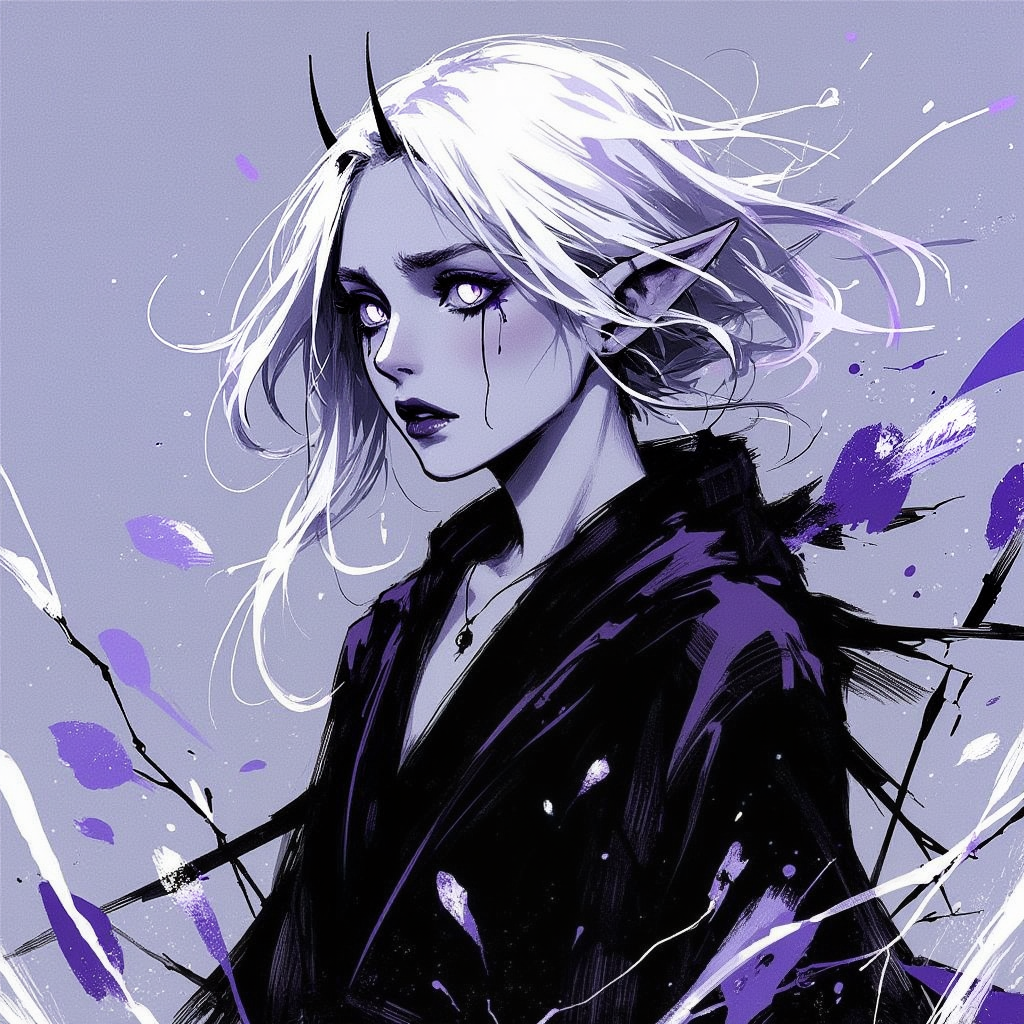 Special Ink-drawing mode, soft lighting with dynamic highlights,  Dark Gothic Anime Style, high detail, fine ink lines, dynamic shading, hand-drawn textures, monochrome with subtle color accents, eerie aesthetic, fantasy character, Rating SFW A pale elf girl with long, flowing white hair, wearing dark, tattered robes. Her large, glowing eyes are framed by delicate ink lines, with tears of blood streaming down her cheeks. Small, sharp horns curl from the sides of her head, and her pointed ears add to her ethereal and otherworldly presence. The background is filled with intricate, crosshatched patterns and abstract, muted colors blending into purples and blues, creating a haunting yet mesmerizing atmosphere. Perfect balance of detail and surrealism.