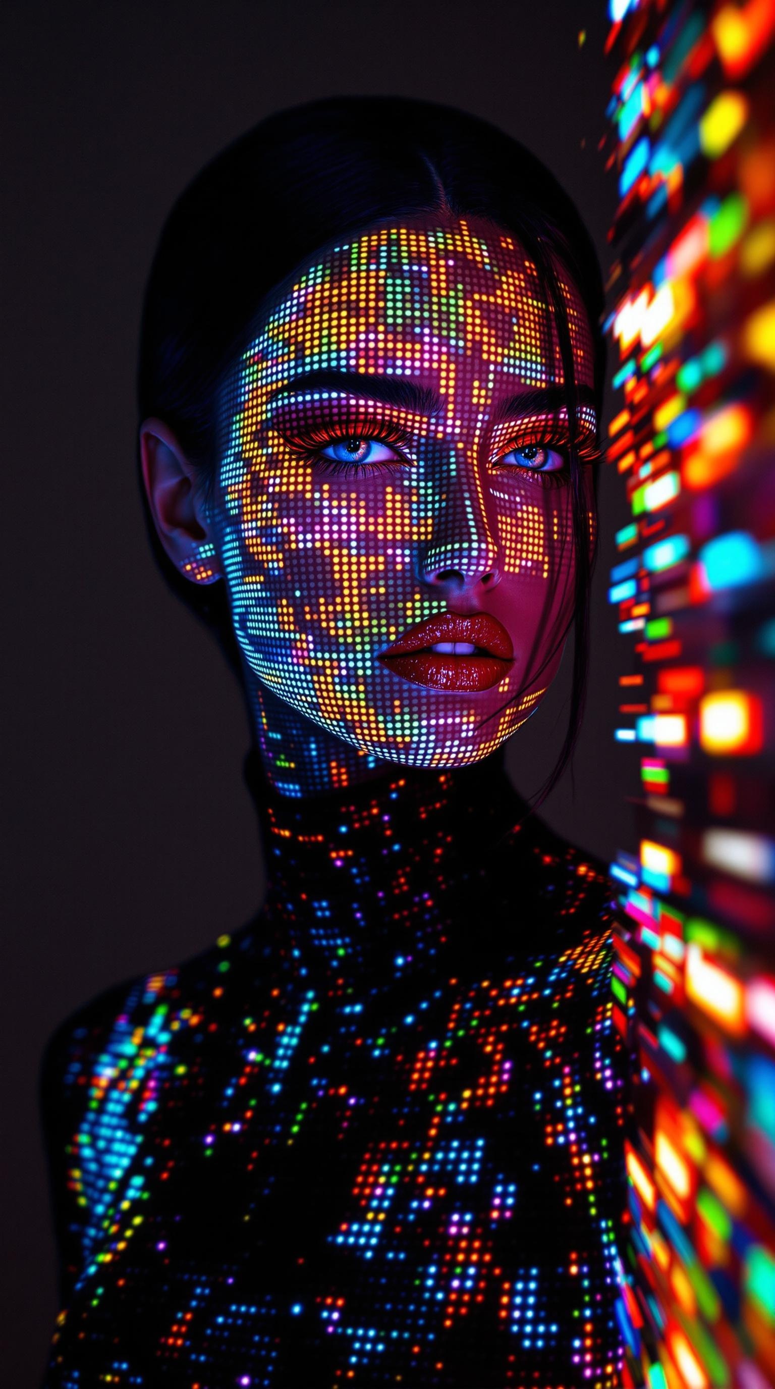 This is a high-resolution photograph of a woman with a striking, futuristic appearance. Her face and body are covered in a glowing, pixelated pattern of vibrant colors, including red, orange, yellow, green, blue, and white, which creates a mesmerizing, almost holographic effect. The colors are arranged in a complex, abstract design, with some areas of the pattern appearing more densely packed than others. Her skin is smooth and flawless, accentuated by the contrast of the glowing pixels.
The woman has a slender build and is wearing a form-fitting, black bodysuit that mirrors the pixelated pattern, seamlessly blending with the light show. Her dark hair is pulled back into a sleek, low bun, and her eyes are strikingly blue, complemented by thick, dark eyelashes. She has full, red lips that stand out against the colorful background.
The background is a dark, neutral color, which allows the glowing pixels to be the focal point. The lighting is soft but intense, casting shadows that enhance the depth and dimension of the image. The overall style of the photograph is modern and avant-garde, blending elements of technology and fashion into a visually stunning and thought-provoking composition.
