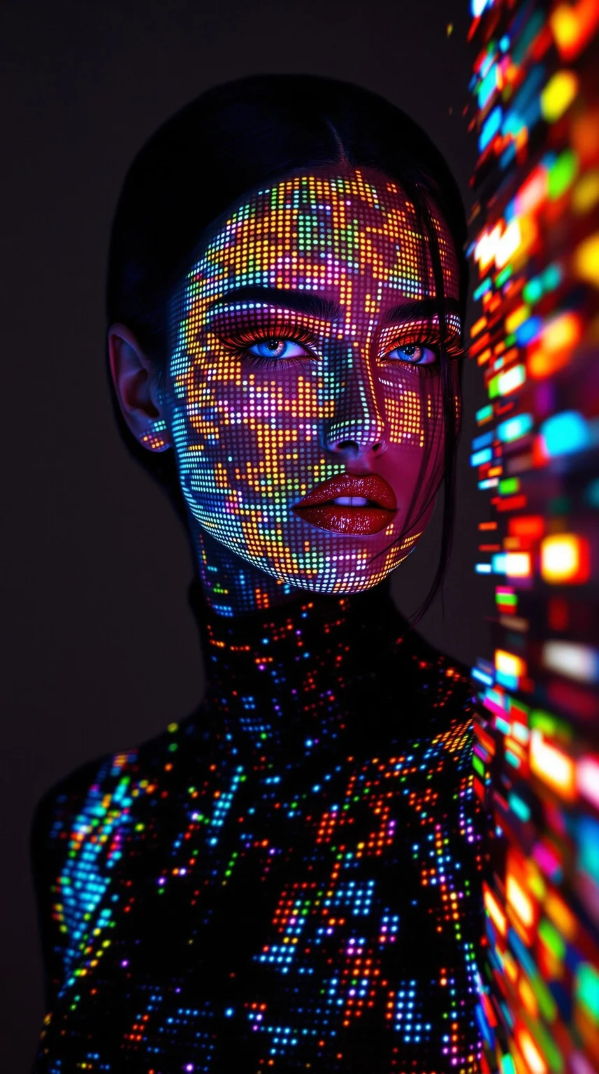 This is a high-resolution photograph of a woman with a striking, futuristic appearance. Her face and body are covered in a glowing, pixelated pattern of vibrant colors, including red, orange, yellow, green, blue, and white, which creates a mesmerizing, almost holographic effect. The colors are arranged in a complex, abstract design, with some areas of the pattern appearing more densely packed than others. Her skin is smooth and flawless, accentuated by the contrast of the glowing pixels.
The woman has a slender build and is wearing a form-fitting, black bodysuit that mirrors the pixelated pattern, seamlessly blending with the light show. Her dark hair is pulled back into a sleek, low bun, and her eyes are strikingly blue, complemented by thick, dark eyelashes. She has full, red lips that stand out against the colorful background.
The background is a dark, neutral color, which allows the glowing pixels to be the focal point. The lighting is soft but intense, casting shadows that enhance the depth and dimension of the image. The overall style of the photograph is modern and avant-garde, blending elements of technology and fashion into a visually stunning and thought-provoking composition.