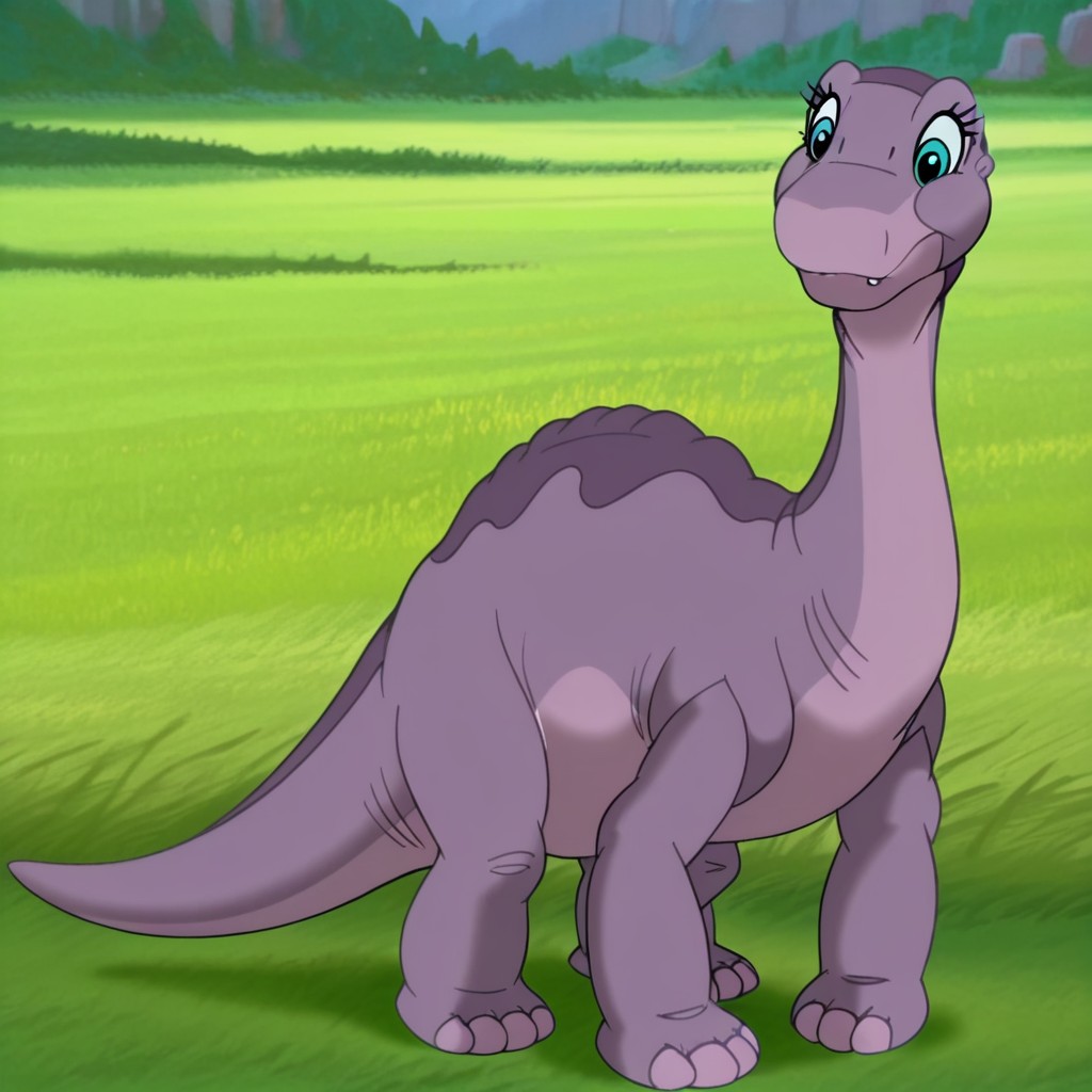 masterpiece, best quality, amazing quality, Alilbtil, feral, female, sauropod, long neck, purple skin, Cyan eyes, eyelash in a grassy field,  outside, standing, full body, <lora:b31e1634-d841-4513-9339-2fabdc6ac41f:1.0>