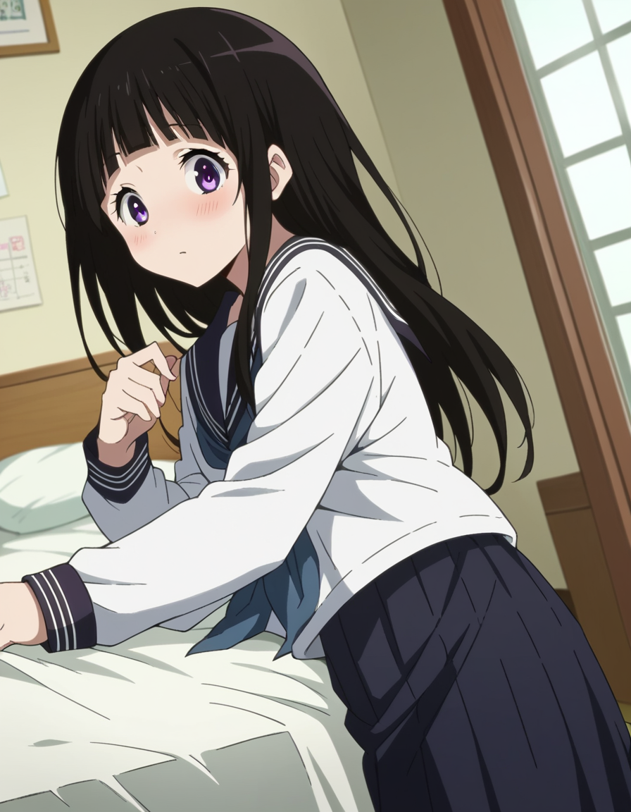 score_9, score_8_up, score_7_up, source_anime,
eruchitanda, <lora:eru-chitanda-s1-ponyxl-lora-nochekaiser:1>,
eru chitanda, long hair, black hair, bangs, blunt bangs, purple eyes, sidelocks,
skirt, school uniform, serafuku, kamiyama high school uniform \(hyouka\), black skirt, long sleeves, black sailor collar,
indoors, bed, bed room, on side, blush, drunk,
looking at viewer, cowboy shot, dutch angle,