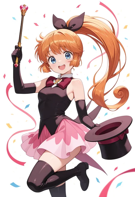 1girl,solo,<lora:Saint_Tail:1>,long hair,orange hair,elbow gloves,blue eyes,magical girl,black gloves,sleeveless,bowtie,hair ribbon,hair bow,pink skirt,brooch,high ponytail,black bow,thigh boots,black footwear,
holding wand,top hat,red bow,holding hat,unworn headwear,:d,confetti,
masterpiece,best quality,amazing quality,