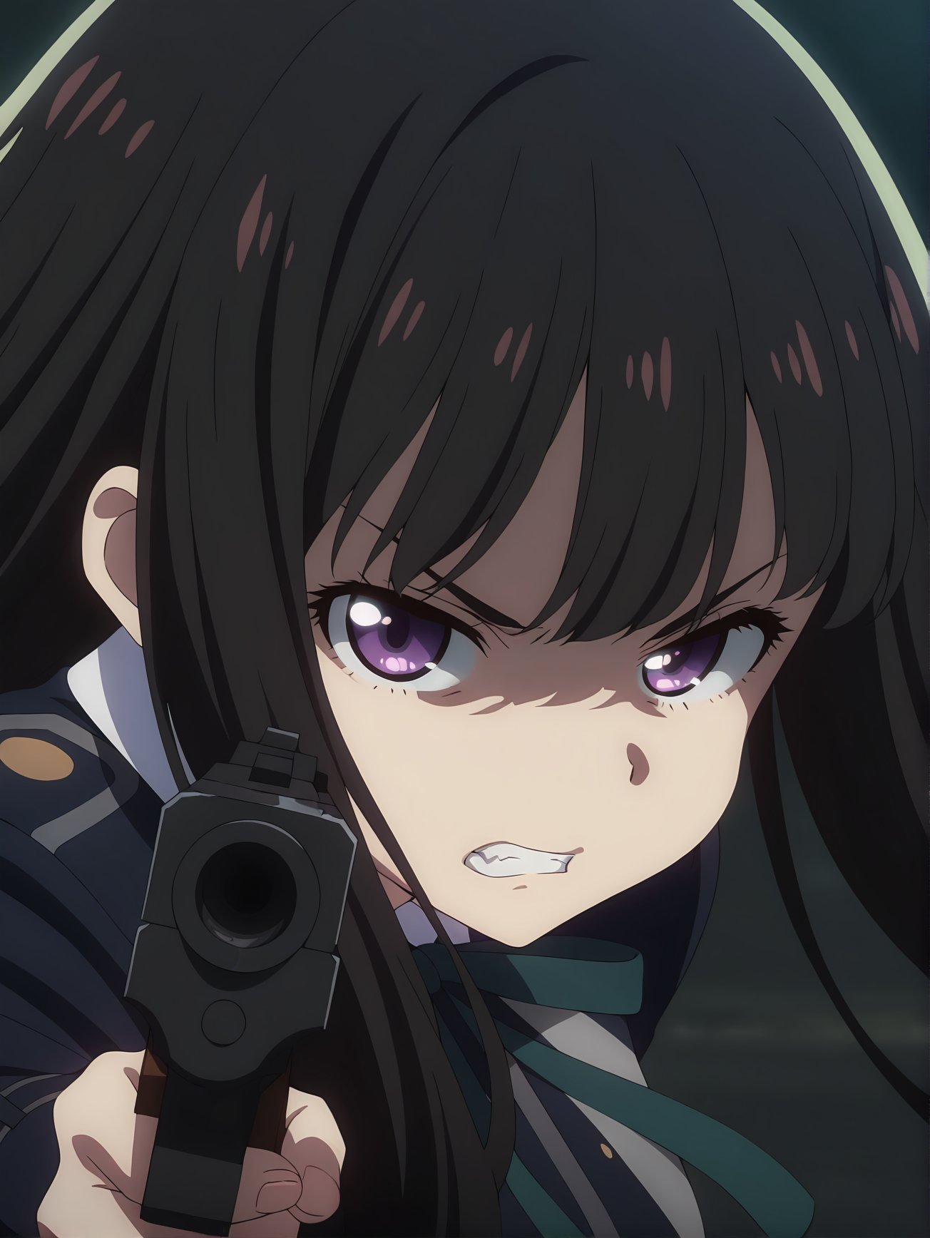 <lora:Takina_Inoue:0.8>inoue_takina, 1girl, solo, black long hair, purple eyes, blue lycoris uniform, logo on shoulder, green neck ribbon, white collared shirt, holding gun, dynamic pose, upper body, angry, frowning, looking at viewer, night lighting