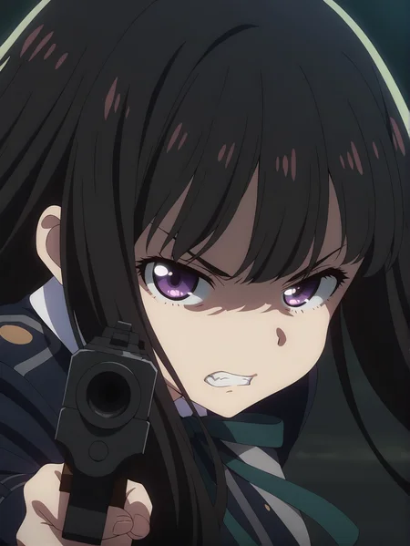 <lora:Takina_Inoue:0.8>inoue_takina, 1girl, solo, black long hair, purple eyes, blue lycoris uniform, logo on shoulder, green neck ribbon, white collared shirt, holding gun, dynamic pose, upper body, angry, frowning, looking at viewer, night lighting