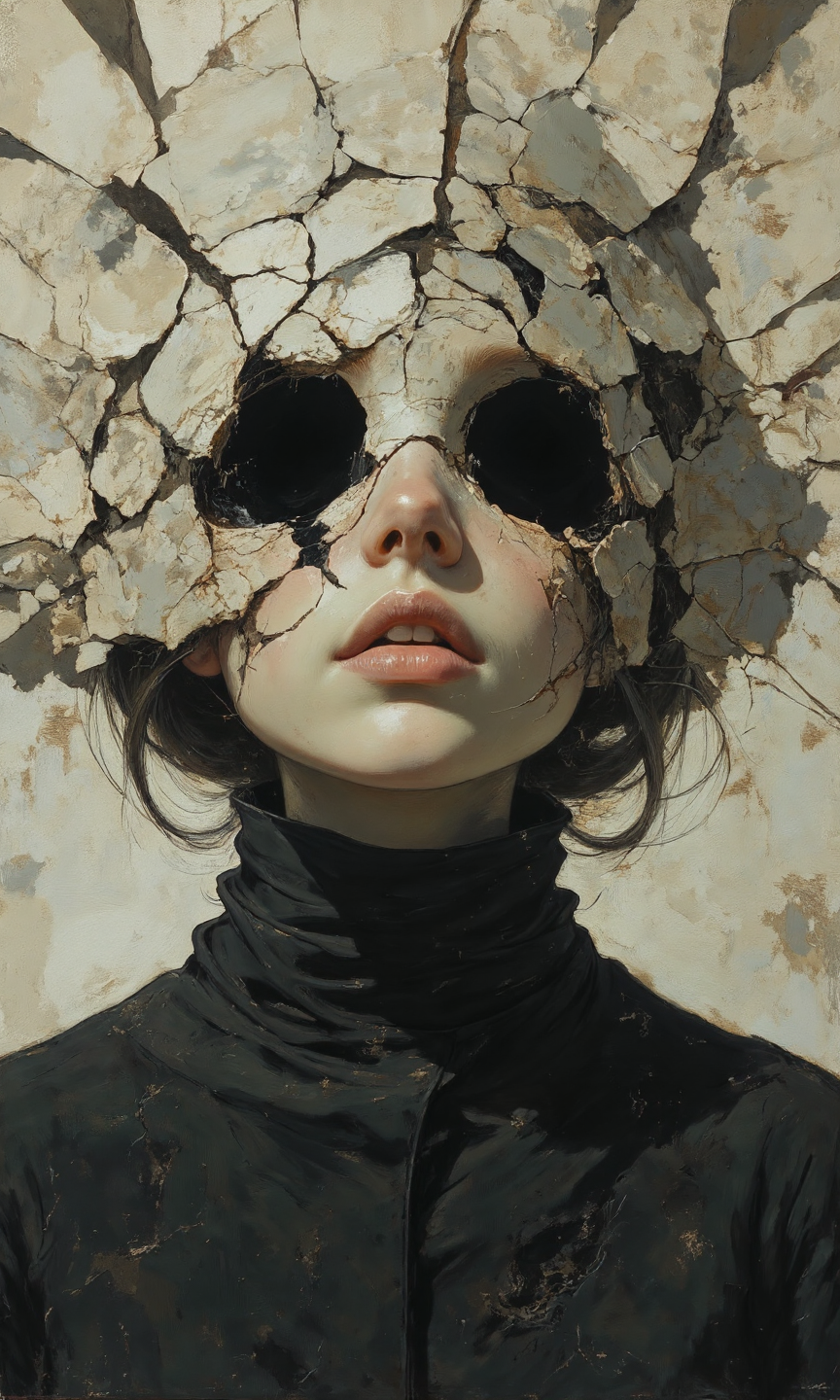 A surreal, artistic portrait, possibly a digital painting or a manipulated photograph, features a woman's face partially obscured by what appears to be cracked, peeling paint or a fragmented, stone-like surface, creating a dramatic, almost sculptural effect. The woman's visible features include a small, upturned nose, and full, slightly parted lips with a pale pink hue and a hint of gloss or moisture, the eyes are completely covered by large, dark, irregularly shaped holes or voids in the cracked surface, adding a disturbing, unsettling element to the image. The visible skin is pale and smooth, but with fine cracks and lines that mimic the texture of the surrounding material, suggesting a merging of the human form with the fragmented surface, and She's wearing a high-necked, dark, almost black garment, only a small portion of which is visible at the bottom of the frame. The body post is straight. The color palette is muted, with shades of off-white, gray, and black dominating, and the lighting is soft and diffused, creating subtle shadows that enhance the three-dimensional texture of the cracked surface and the contours of the face., <lora:FLUX-daubrez-DB4RZ-v2:0.35> DB4RZ, DB4RZ style painting
<lora:ILLUSTRATION (FLUX) - V3.1:0.35> illustranion