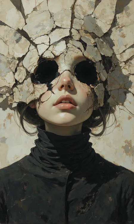 A surreal, artistic portrait, possibly a digital painting or a manipulated photograph, features a woman's face partially obscured by what appears to be cracked, peeling paint or a fragmented, stone-like surface, creating a dramatic, almost sculptural effect. The woman's visible features include a small, upturned nose, and full, slightly parted lips with a pale pink hue and a hint of gloss or moisture, the eyes are completely covered by large, dark, irregularly shaped holes or voids in the cracked surface, adding a disturbing, unsettling element to the image. The visible skin is pale and smooth, but with fine cracks and lines that mimic the texture of the surrounding material, suggesting a merging of the human form with the fragmented surface, and She's wearing a high-necked, dark, almost black garment, only a small portion of which is visible at the bottom of the frame. The body post is straight. The color palette is muted, with shades of off-white, gray, and black dominating, and the lighting is soft and diffused, creating subtle shadows that enhance the three-dimensional texture of the cracked surface and the contours of the face., <lora:FLUX-daubrez-DB4RZ-v2:0.35> DB4RZ, DB4RZ style painting
<lora:ILLUSTRATION (FLUX) - V3.1:0.35> illustranion