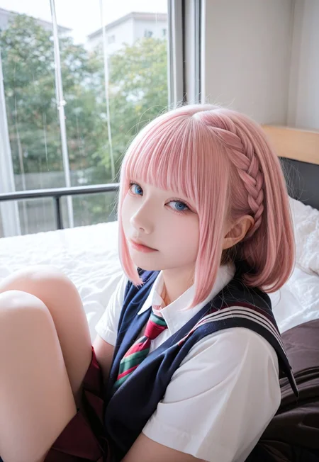4K photo, (very awa, masterpiece, best quality, highres, absurdres, realistic, photorealistic), photo, professional photography, skin texture, portrait, close-up, 1girl, solo, japanese, KAF \(kamitsubaki studio\), pink hair, short hair, braid, blue eyes, from the side, looking at viewer, school uniform, necktie, hotel, bed, sitting, scenery