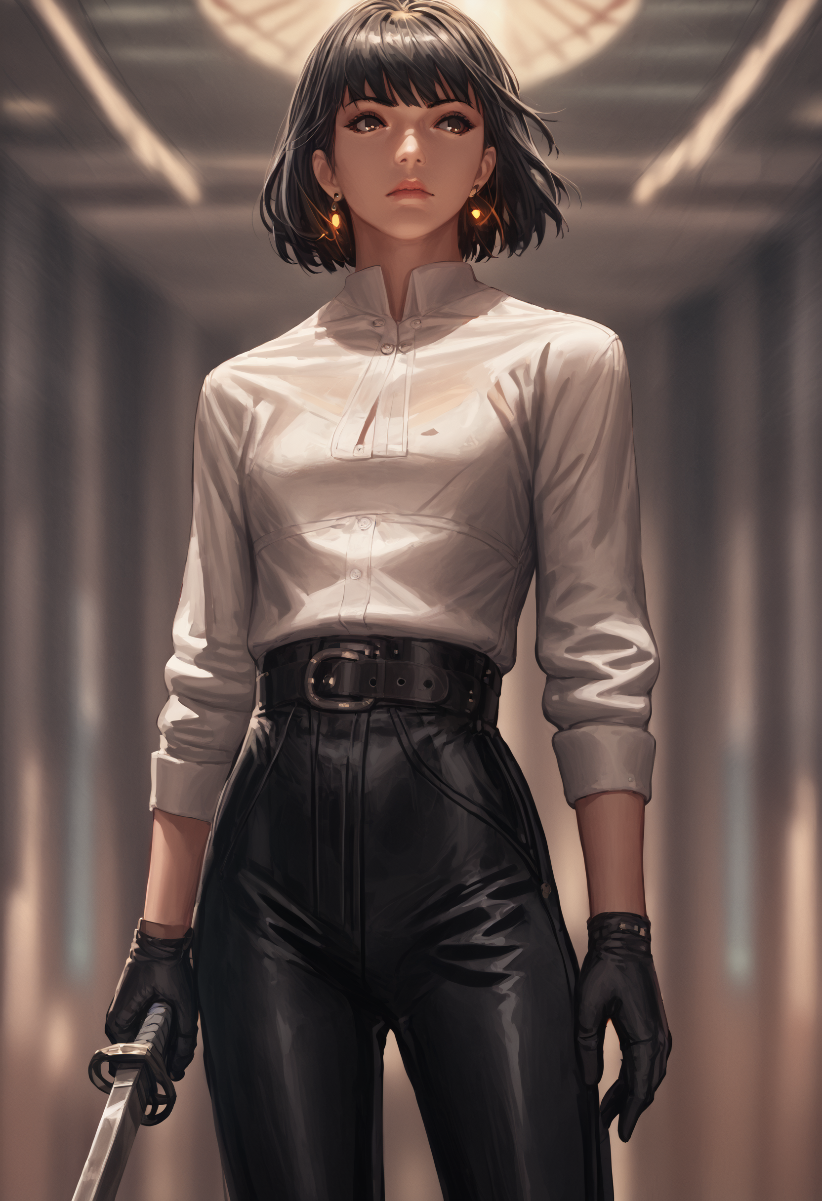 score_9, score_8_up, score_7_up, 1girl, black gloves, black hair, earrings, belt, pants, holding sword, white shirt, black pants, short hair, blurry background, bangs, lips, long sleeves, shirt tucked in, brown eyes, black belt, high-waist pants
<lora:guweiz_style_pony:1>