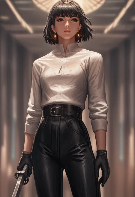 score_9, score_8_up, score_7_up, 1girl, black gloves, black hair, earrings, belt, pants, holding sword, white shirt, black pants, short hair, blurry background, bangs, lips, long sleeves, shirt tucked in, brown eyes, black belt, high-waist pants
<lora:guweiz_style_pony:1>
