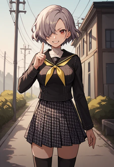 score_9, score_8_up, score_7_up, source_anime, 1girl, cowboy shot, looking at you, grin, index finger raised, BREAK <lora:ChamYasogamiSchoolUniformPonyXL:1> YasogamiFemaleWinter, black shirt, long sleeves, black sailor collar, yellow neckerchief, grey skirt, black thighhighs, medium breasts, <lora:zs_ErinaXL:1> erinap5t, short hair, hair over one eye, outdoors