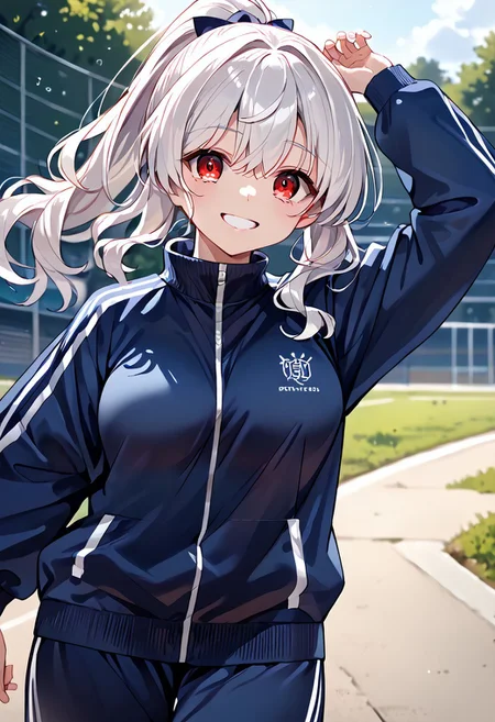 score_9, score_8_up, score_7_up, source_anime, rating safe, outdoor, 1girl, 18yo, tracksuits, running, one arm up, white hair, long hair, wavy hair, ponytail, red eyes, upturned eyes,  expressive eyes, curvy, shy smile, large breasts, perfect hand, detailed, day, 8k, masterpiece, by koumashiro,